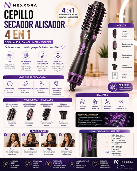 Cepillo Secador Alisador 4 en 1